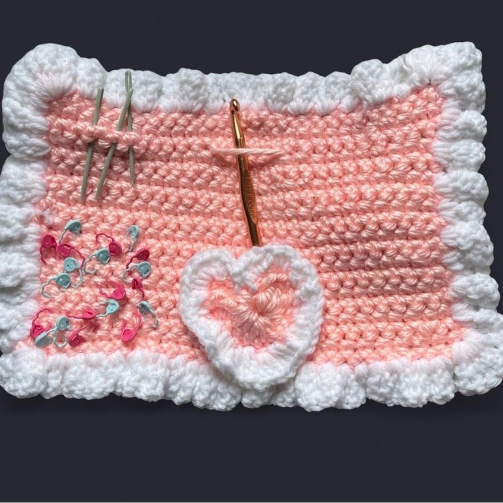 Handmade (by me🩷) Crochet Pink & White Cozy Sleeve with Flower